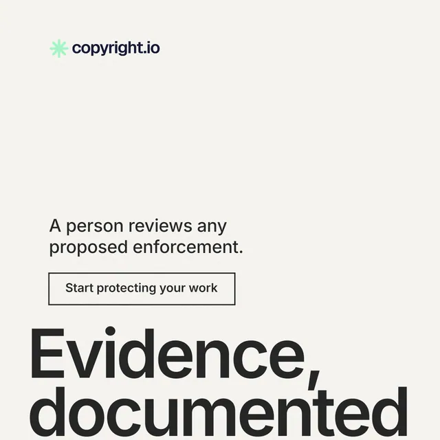 Instagram post for copyright.io: "Evidence, documented." Editorial style, oversized layout, light palette in white, grey.