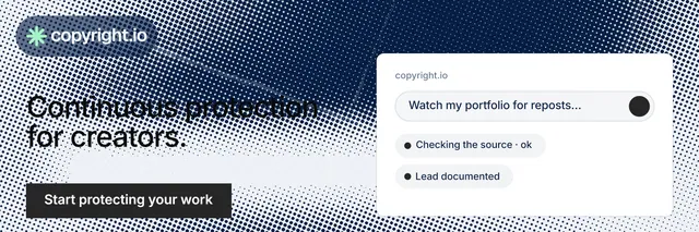 X header for copyright.io: "Continuous protection for creators." Split block style, bottom layout, light palette in blue, grey, white.