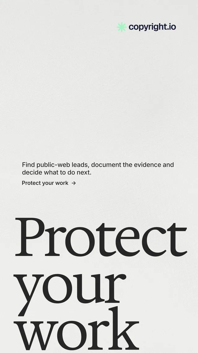 Instagram story for copyright.io: "Reposts don't remove themselves." Minimal luxury style, oversized layout, light palette in white, grey.