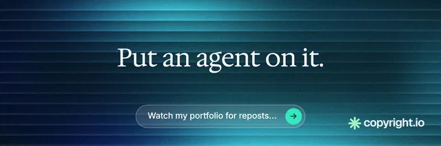 X header for copyright.io: "Put an agent on it." Agentic glass style, centred layout, dark palette in blue, teal.