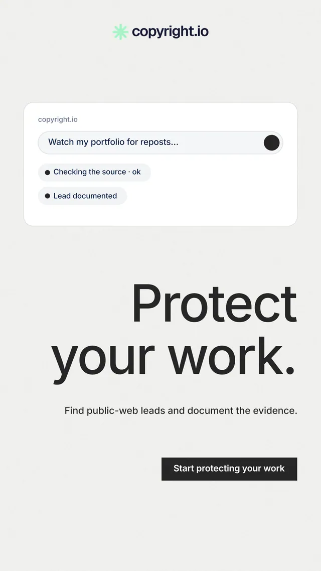 Instagram story for copyright.io: "Protect your work." Swiss style, right layout, light palette in white, grey.