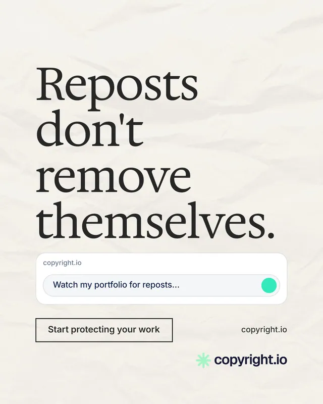 Instagram portrait post for copyright.io: "Reposts don't remove themselves." Editorial style, poster layout, light palette in white, grey.