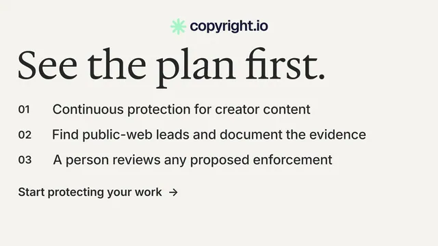 Landscape graphic for copyright.io: "See the plan first." Minimal luxury style, numbered layout, light palette in white, grey.