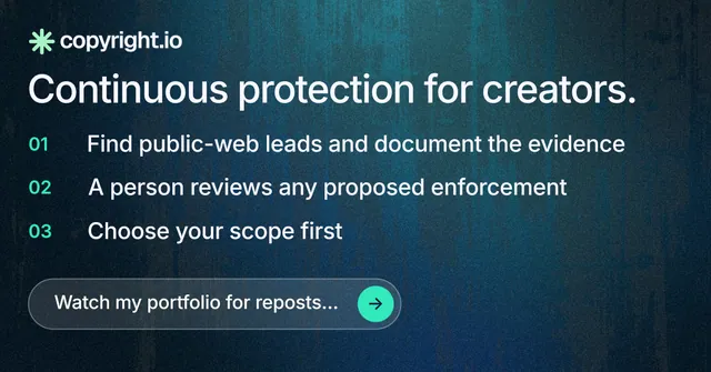 Social ad for copyright.io: "Continuous protection for creators." Agentic glass style, numbered layout, dark palette in blue, black, teal.