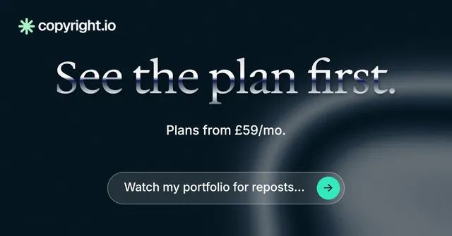Social ad for copyright.io: "See the plan first." Agentic glass style, centred layout, dark palette in black, grey, blue.