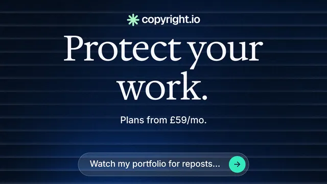 Landscape graphic for copyright.io: "Protect your work." Agentic glass style, centred layout, dark palette in black, blue.