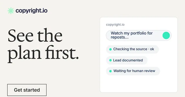 Social ad for copyright.io: "See the plan first." Editorial style, bottom layout, light palette in white, grey.