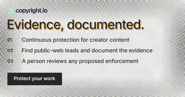 Social ad for copyright.io: "Evidence, documented." Retro print style, numbered layout, light palette in grey, white.