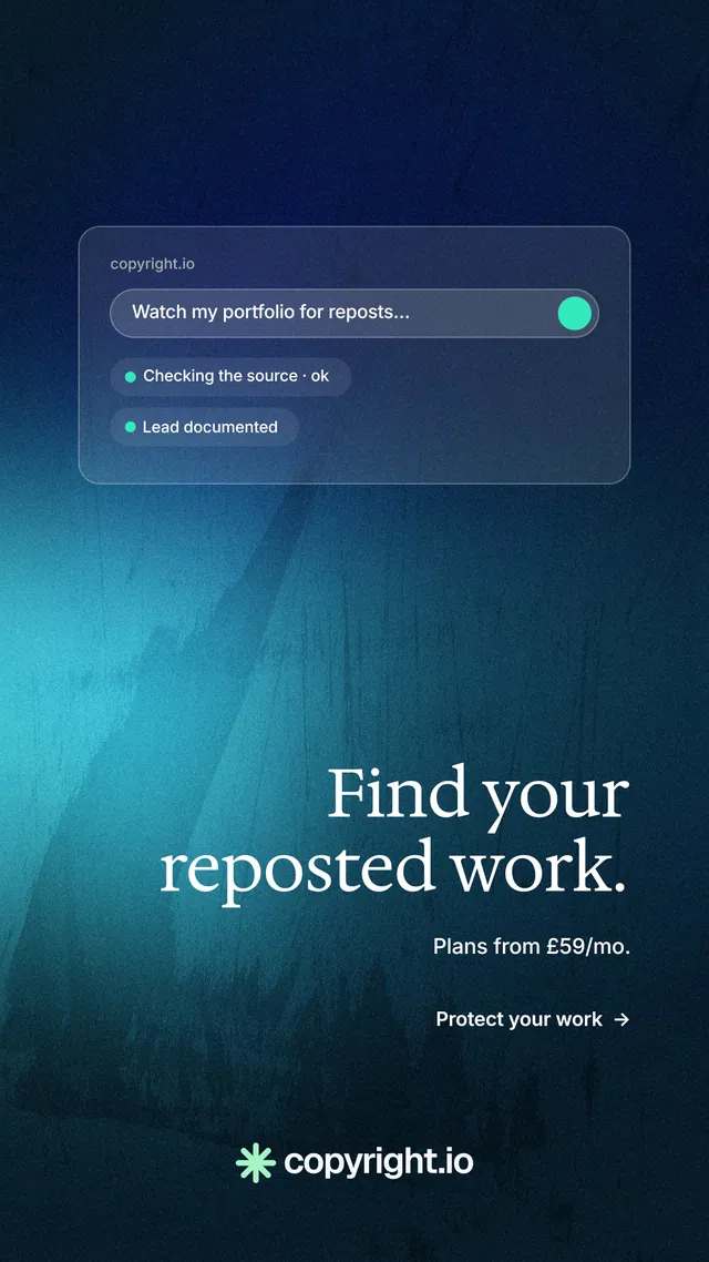 Instagram story for copyright.io: "Find your reposted work." Minimal luxury style, right layout, dark palette in blue, black.