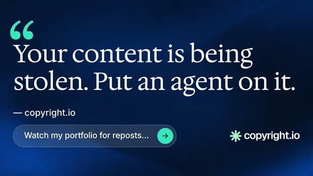 Landscape graphic for copyright.io: "Evidence, documented." Agentic glass style, quote layout, dark palette in blue, black.