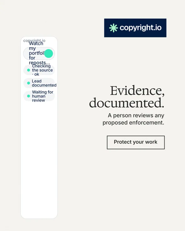 Instagram portrait post for copyright.io: "Evidence, documented." Editorial style, right layout, light palette in white, grey.