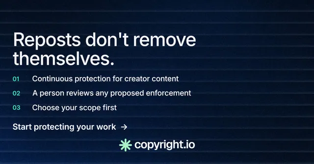 Social ad for copyright.io: "Reposts don't remove themselves." Minimal luxury style, numbered layout, dark palette in black, blue, grey.