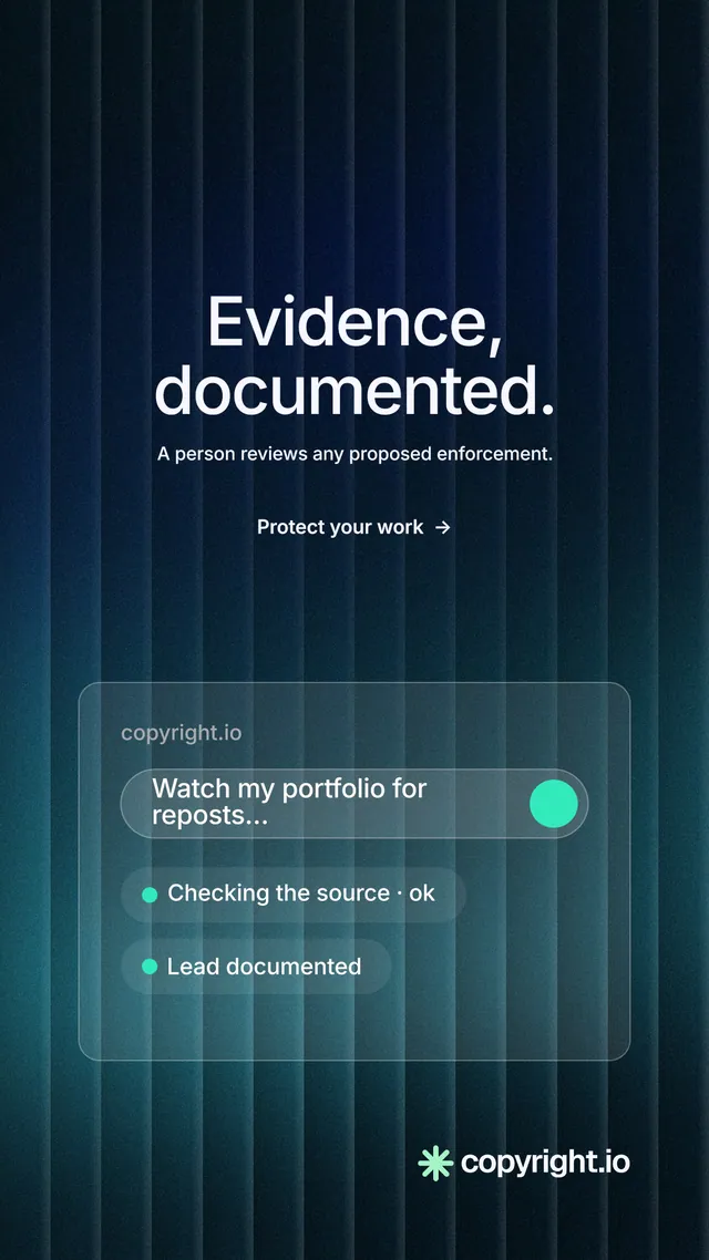 Instagram story for copyright.io: "Evidence, documented." Minimal luxury style, centred layout, dark palette in black, teal, blue.