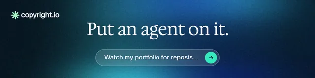 LinkedIn banner for copyright.io: "Put an agent on it." Agentic glass style, skeleton layout, dark palette in blue, black.