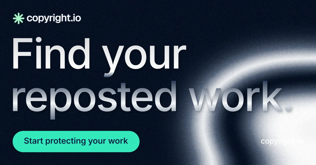 Social ad for copyright.io: "Find your reposted work." Y2K style, poster layout, dark palette in black, teal, blue.