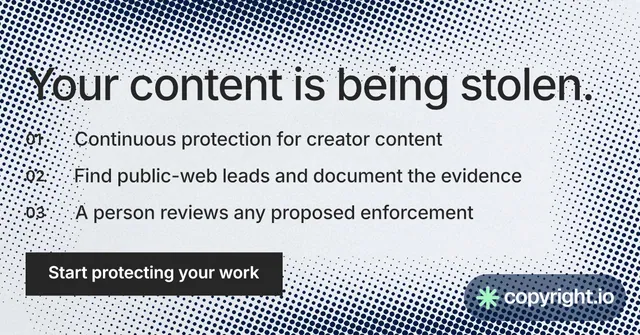 Social ad for copyright.io: "Your content is being stolen." Split block style, numbered layout, light palette in grey, white.