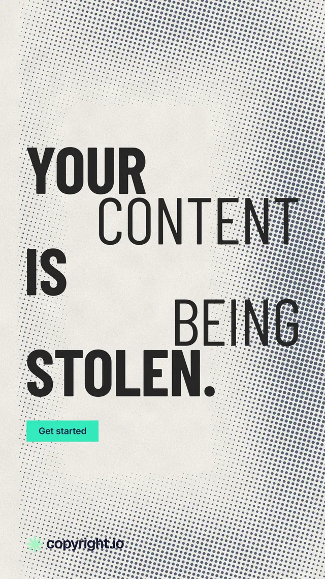 Instagram story for copyright.io: "Your content is being stolen." Retro print style, stacked layout, light palette in grey, yellow, white.