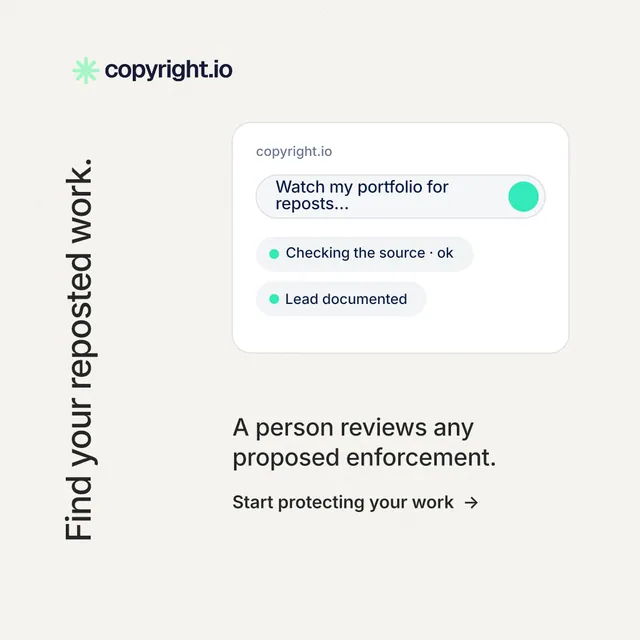Instagram post for copyright.io: "Find your reposted work." Minimal luxury style, vertical layout, light palette in white, grey.