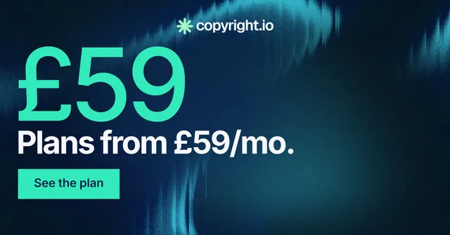 Social ad for copyright.io: "Protect your work." Swiss style, stat layout, dark palette in black, blue, teal.