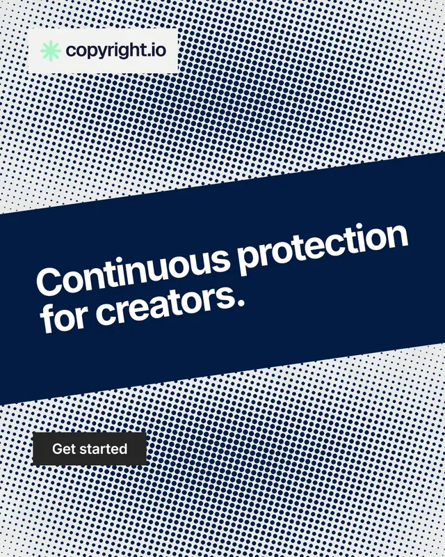 Instagram portrait post for copyright.io: "Continuous protection for creators." Swiss style, diagonal layout, light palette in blue, grey, white.