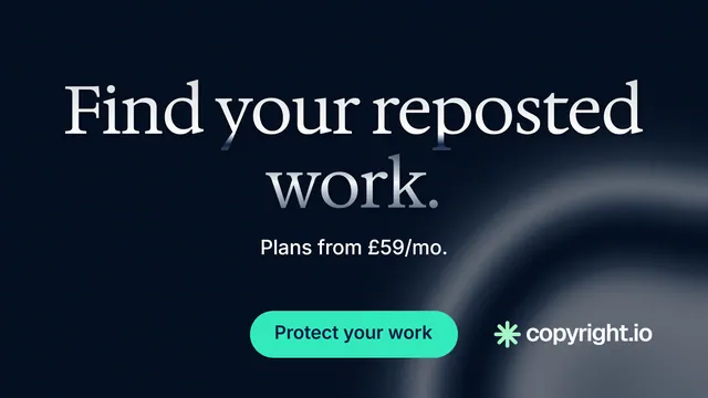 Landscape graphic for copyright.io: "Find your reposted work." Y2K style, centred layout, dark palette in black, grey, blue.