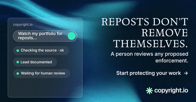 Social ad for copyright.io: "Reposts don't remove themselves." Minimal luxury style, right layout, dark palette in black, blue.