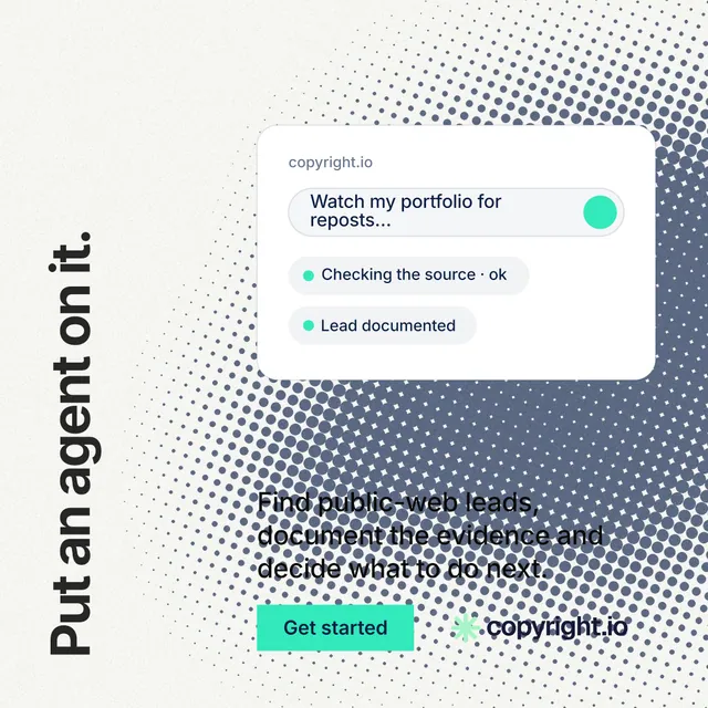 Instagram post for copyright.io: "Put an agent on it." Swiss style, vertical layout, light palette in white, grey.