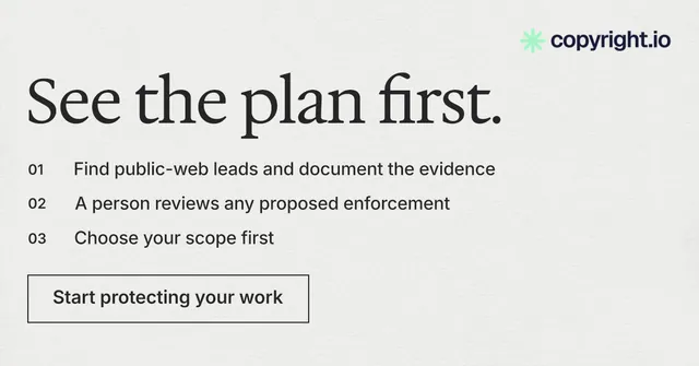 Social ad for copyright.io: "See the plan first." Editorial style, numbered layout, light palette in white.