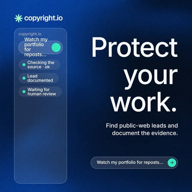 Instagram post for copyright.io: "Protect your work." Agentic glass style, right layout, dark palette in blue, black.