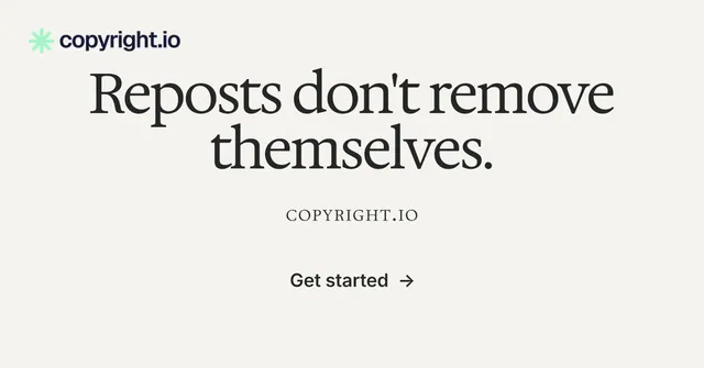 Social ad for copyright.io: "Reposts don't remove themselves." Swiss style, smallcaps layout, light palette in white, grey.