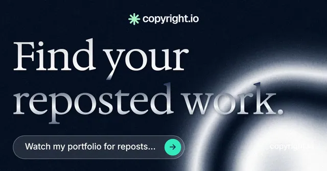 Social ad for copyright.io: "Find your reposted work." Agentic glass style, poster layout, dark palette in black, blue, grey.