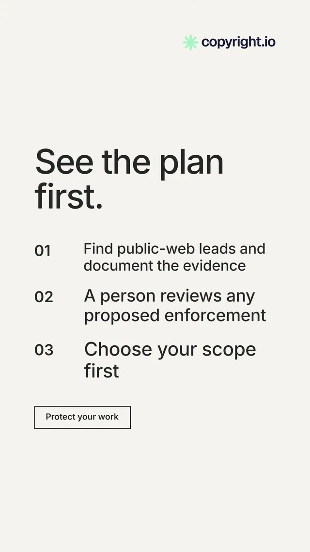 Instagram story for copyright.io: "See the plan first." Editorial style, numbered layout, light palette in white, grey.