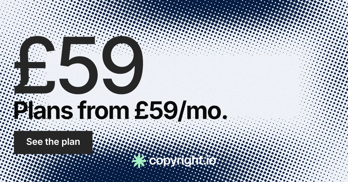 Social ad for copyright.io: "See the plan first." Swiss style, stat layout, light palette in grey, white, blue.