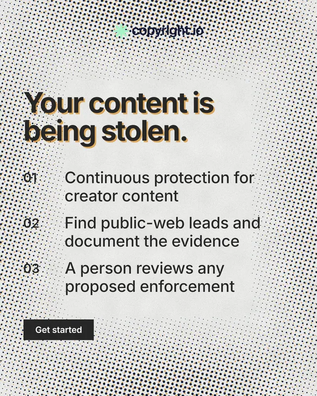 Instagram portrait post for copyright.io: "Your content is being stolen." Swiss style, numbered layout, light palette in grey, white.
