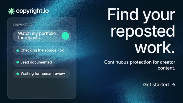 Landscape graphic for copyright.io: "Find your reposted work." Minimal luxury style, right layout, dark palette in blue, black, teal.