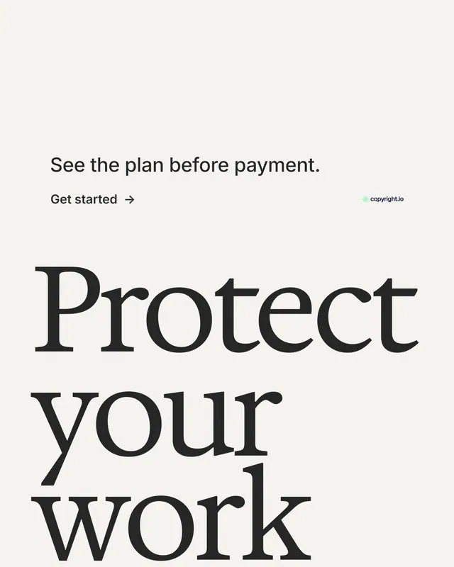 Instagram portrait post for copyright.io: "Find your reposted work." Minimal luxury style, oversized layout, light palette in white, grey.