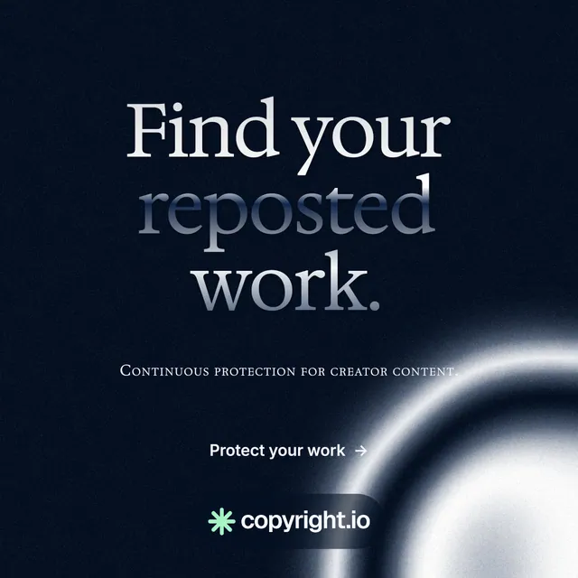 Instagram post for copyright.io: "Find your reposted work." Agentic glass style, smallcaps layout, dark palette in black, grey.
