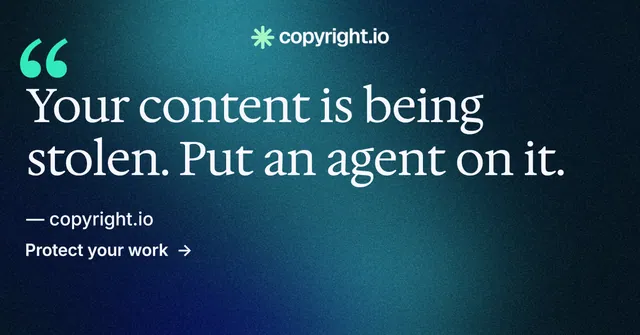 Social ad for copyright.io: "Find your reposted work." Minimal luxury style, quote layout, dark palette in black, blue, teal.