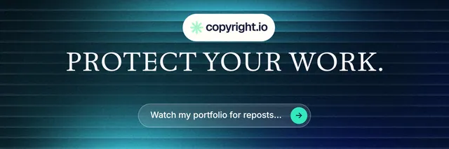 X header for copyright.io: "Protect your work." Agentic glass style, centred layout, dark palette in blue, black, teal.