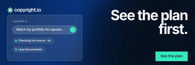X header for copyright.io: "See the plan first." Swiss style, right layout, dark palette in blue, black.