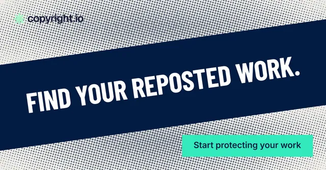 Social ad for copyright.io: "Find your reposted work." Retro print style, diagonal layout, light palette in blue, teal, white.