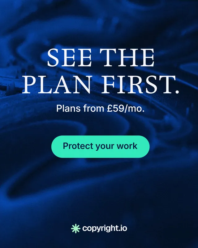 Instagram portrait post for copyright.io: "See the plan first." Agentic glass style, skeleton layout, dark palette in blue, black.