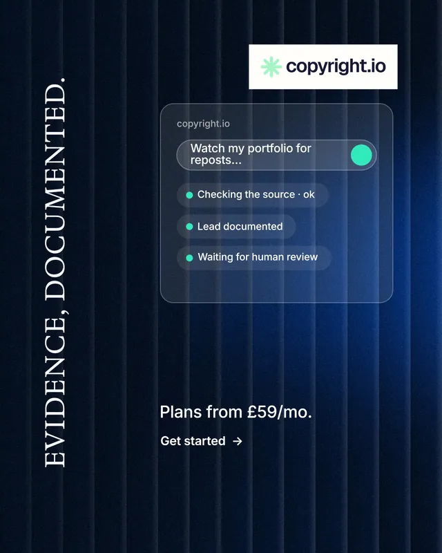 Instagram portrait post for copyright.io: "Evidence, documented." Minimal luxury style, vertical layout, dark palette in black, blue.