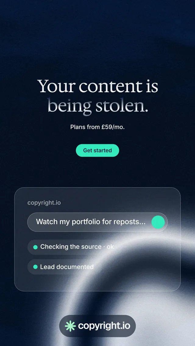 Instagram story for copyright.io: "Your content is being stolen." Y2K style, centred layout, dark palette in black, blue, grey.