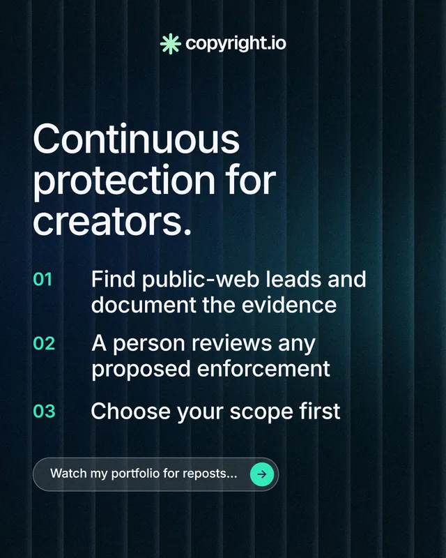 Instagram portrait post for copyright.io: "Continuous protection for creators." Agentic glass style, numbered layout, dark palette in black, blue.