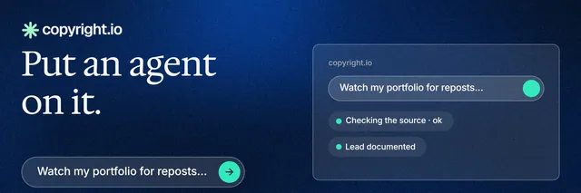 X header for copyright.io: "Put an agent on it." Agentic glass style, bottom layout, dark palette in blue.
