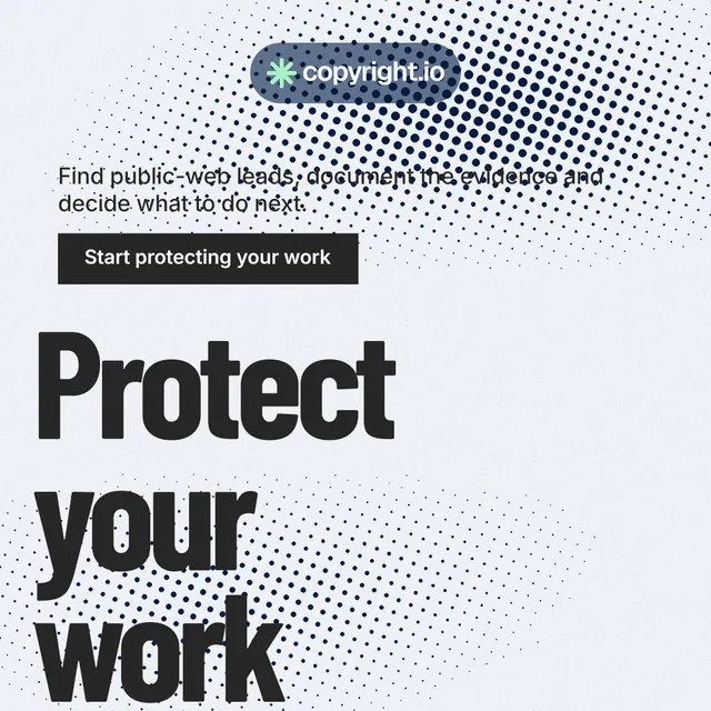 Instagram post for copyright.io: "See the plan first." Retro print style, oversized layout, light palette in white, grey.