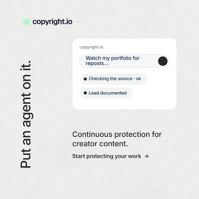 Instagram post for copyright.io: "Put an agent on it." Minimal luxury style, vertical layout, light palette in white.