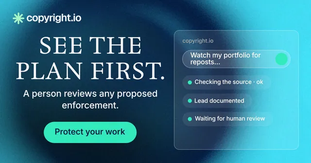 Social ad for copyright.io: "See the plan first." Agentic glass style, skeleton layout, dark palette in teal, blue.