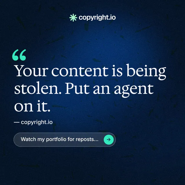 Instagram post for copyright.io: "Continuous protection for creators." Agentic glass style, quote layout, dark palette in blue, black.